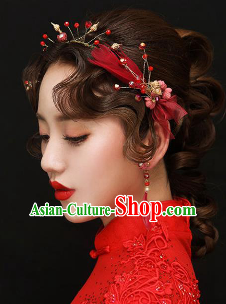 Chinese Traditional Bride Hair Accessories Wedding Red Feather Hair Clasp and Earrings for Women