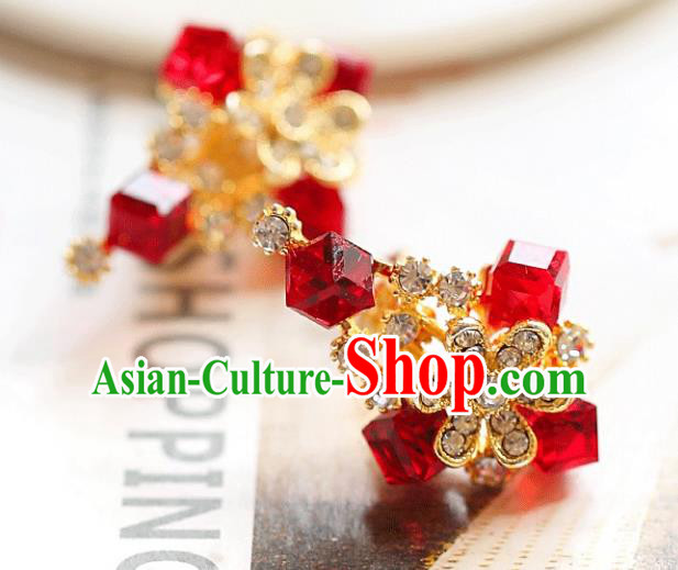 Chinese Traditional Bride Jewelry Accessories Earrings Princess Wedding Red Crystal Flowers Eardrop for Women