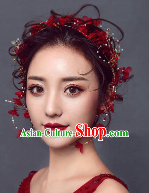 Chinese Traditional Bride Hair Accessories Wedding Red Flowers Hair Clasp for Women