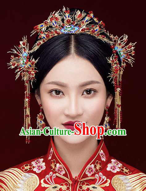 Chinese Traditional Bride Hair Accessories Xiuhe Suit Blueing Lotus Phoenix Coronet Wedding Hairpins Complete Set for Women