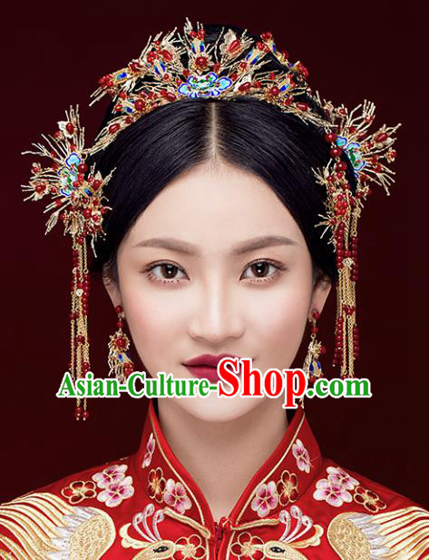 Chinese Traditional Bride Hair Accessories Xiuhe Suit Blueing Lotus Phoenix Coronet Wedding Hairpins Complete Set for Women