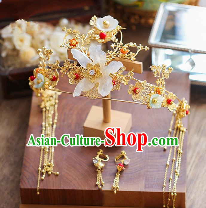 Chinese Traditional Bride Hair Accessories Xiuhe Suit White Shell Flowers Phoenix Coronet Wedding Hairpins Complete Set for Women