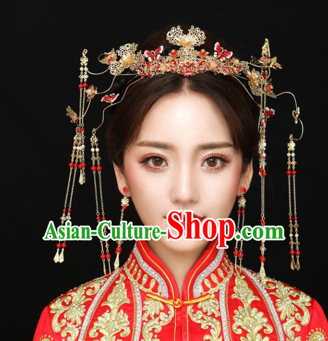 Chinese Traditional Bride Hair Accessories Headwear Xiuhe Suit Palace Red Butterfly Phoenix Coronet Wedding Hairpins for Women