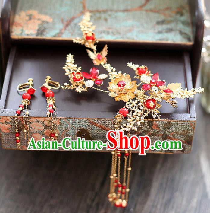 Chinese Traditional Bride Hair Accessories Xiuhe Suit Step Shake Wedding Hairpins and Earrings for Women