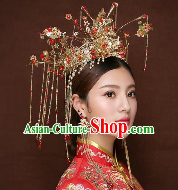 Chinese Traditional Bride Hair Accessories Xiuhe Suit Step Shake Wedding Hairpins Tassel Phoenix Coronet for Women