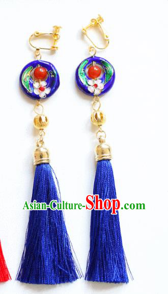 Chinese Traditional Bride Jewelry Accessories Xiuhe Suit Cloisonn Earrings Wedding Blue Tassel Eardrop for Women