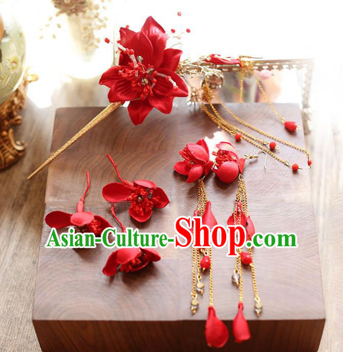 Chinese Traditional Bride Hair Accessories Xiuhe Suit Wedding Red Flowers Hairpins and Earrings for Women