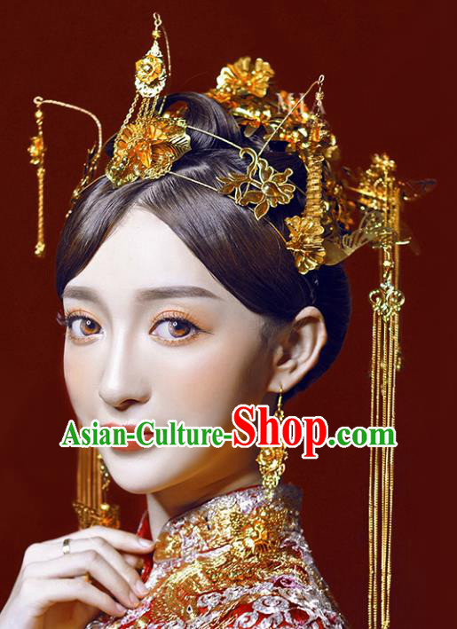 Chinese Traditional Bride Hair Accessories Xiuhe Suit Wedding Flowers Hairpins Phoenix Coronet Complete Set for Women