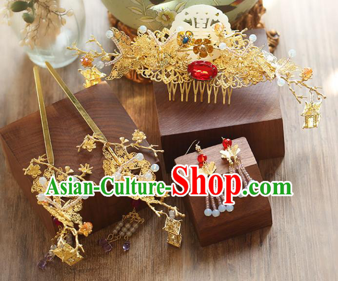 Chinese Traditional Bride Hair Accessories Xiuhe Suit Wedding Flowers Hairpins Hair Comb Complete Set for Women