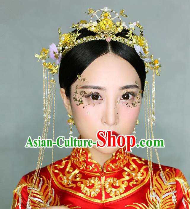 Chinese Traditional Bride Hair Accessories Xiuhe Suit Phoenix Coronet Wedding Flowers Hairpins Complete Set for Women