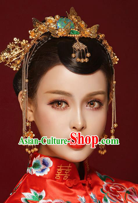 Chinese Traditional Bride Hair Accessories Xiuhe Suit Butterfly Step Shake Wedding Tassel Hairpins Complete Set for Women
