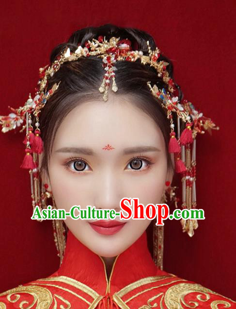 Chinese Traditional Bride Hair Accessories Xiuhe Suit Phoenix Coronet Wedding Tassel Hairpins Complete Set for Women