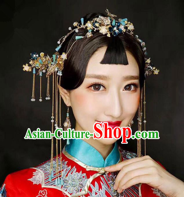 Chinese Traditional Bride Hair Accessories Xiuhe Suit Blue Flowers Phoenix Coronet Wedding Tassel Hairpins Complete Set for Women