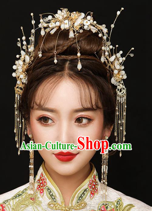 Chinese Traditional Bride Hair Accessories Xiuhe Suit Golden Hair Comb Wedding Tassel Hairpins Complete Set for Women