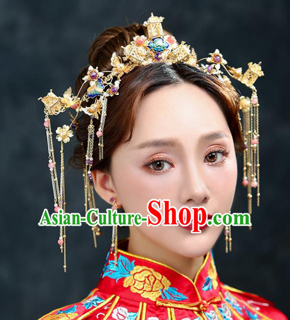 Chinese Traditional Bride Hair Accessories Xiuhe Suit Wedding Tassel Blueing Step Shake Hairpins Complete Set for Women