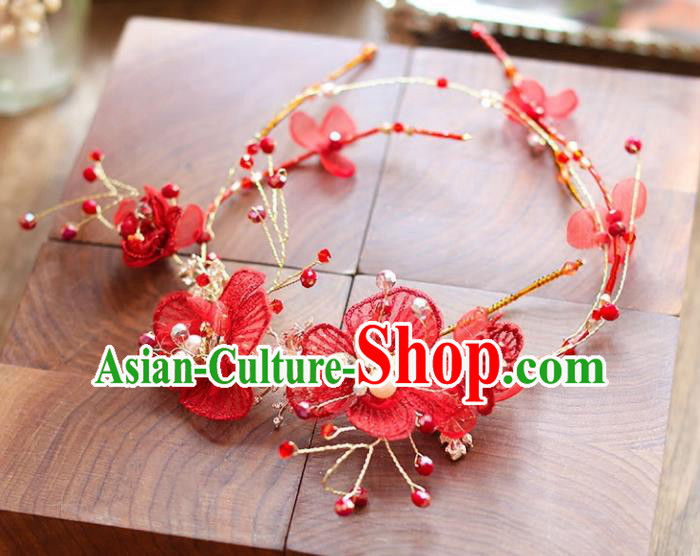 Chinese Traditional Bride Hair Accessories Baroque Princess Wedding Red Flowers Hair Clasp for Women