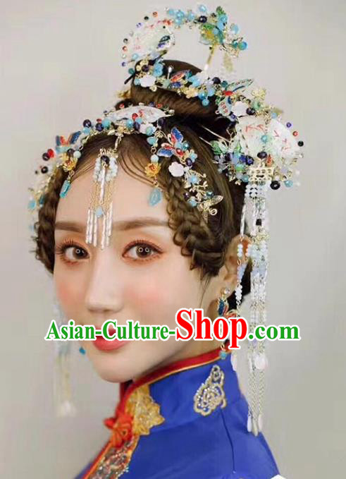 Chinese Traditional Bride Hair Accessories Xiuhe Suit Blueing Butterfly Tassel Phoenix Coronet Wedding Hairpins for Women