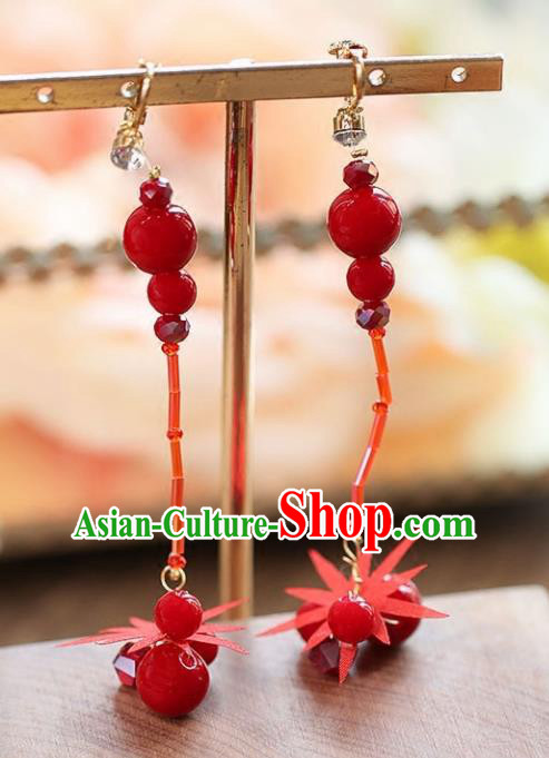 Chinese Traditional Bride Jewelry Accessories Red Beads Tassel Earrings Wedding Eardrop for Women