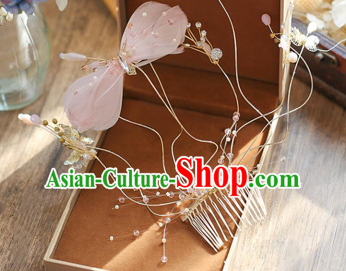 Chinese Traditional Bride Hair Accessories Baroque Princess Wedding Pink Feather Bowknot Hair Comb for Women