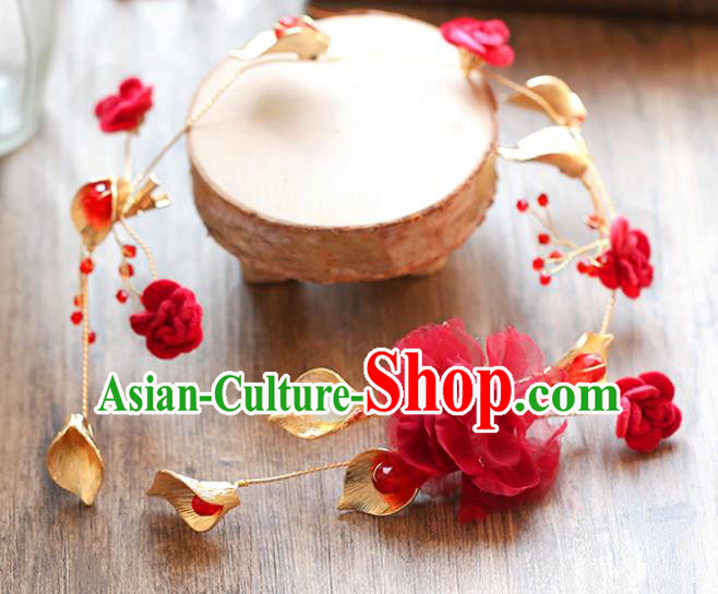 Chinese Traditional Bride Hair Accessories Baroque Princess Wedding Red Flowers Hair Clasp for Women