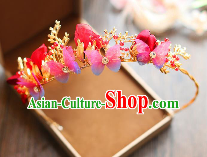 Chinese Traditional Bride Hair Accessories Baroque Princess Wedding Red Flowers Butterfly Hair Clasp for Women