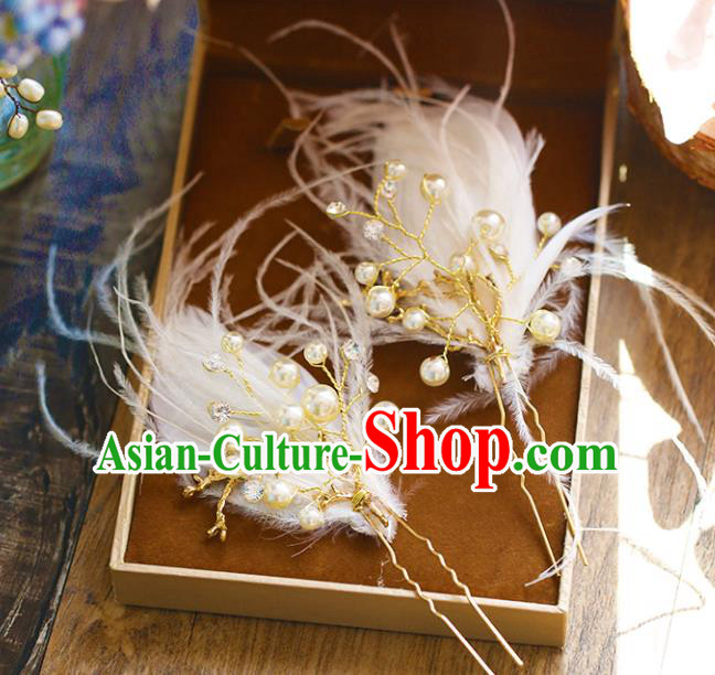 Chinese Traditional Bride Hair Accessories Baroque Princess Wedding White Feather Pearls Hairpins Hair Stick for Women