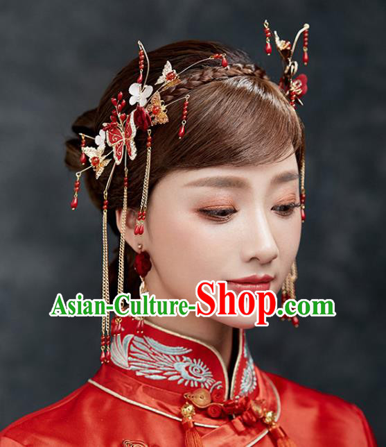 Chinese Traditional Bride Hair Accessories Xiuhe Suit Wedding Red Phoenix Coronet Tassel Hairpins Complete Set for Women