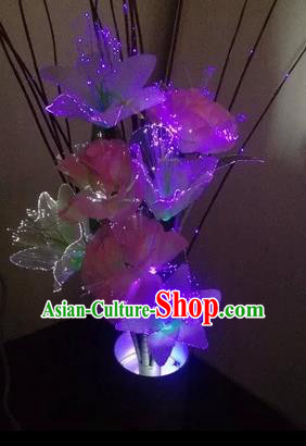 Chinese Traditional Electric LED Purple Greenish Lily Flowers Lantern Desk Lamp Home Decoration Lights