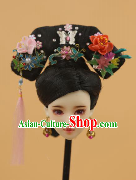 Chinese Traditional Silk Figurine Doll Hair Accessories Hairpins Qing Dynasty Manchu Princess Headwear