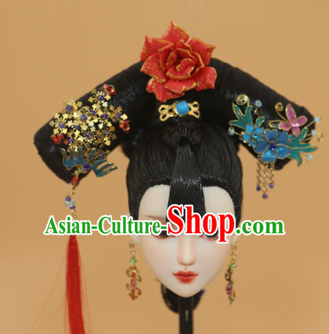 Chinese Traditional Silk Figurine Doll Hair Accessories Hairpins Qing Dynasty Manchu Lady Headwear