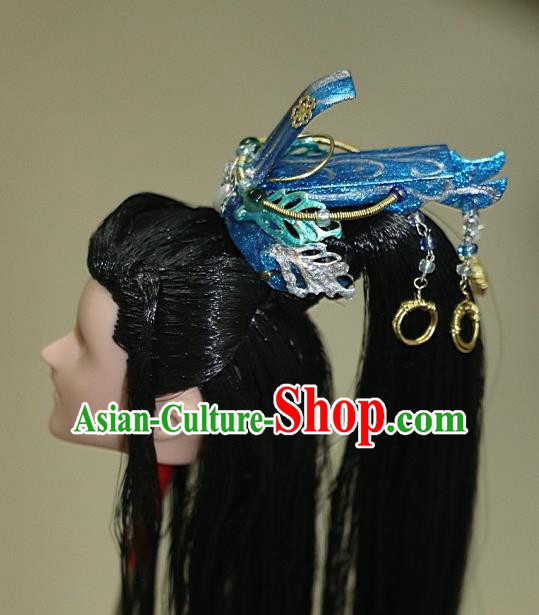 Chinese Traditional Silk Figurine Doll Hair Accessories Royal Highness Blue Crown Headwear