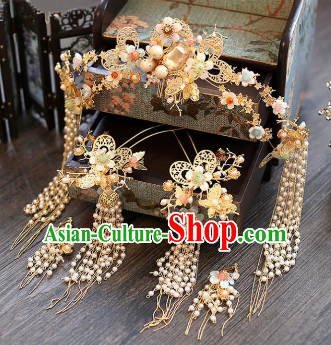 Chinese Traditional Bride Hair Accessories Xiuhe Suit Wedding Phoenix Coronet Tassel Butterfly Hairpins Complete Set for Women