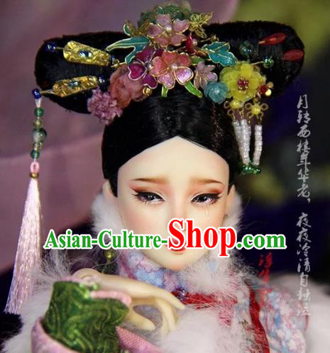 Chinese Traditional Silk Figurine Doll Hair Accessories Hairpins Qing Dynasty Manchu Princess Headwear