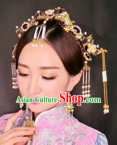 Chinese Traditional Bride Hair Accessories Xiuhe Suit Tassel Phoenix Coronet Wedding Step Shake Hairpins for Women