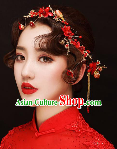 Chinese Traditional Bride Hair Accessories Xiuhe Suit Wedding Red Flowers Step Shake Hairpins for Women