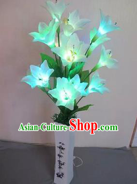 Chinese Traditional Electric LED Lantern Desk Lamp Home Decoration Blue Greenish Lily Flowers Lights
