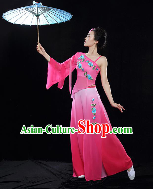 Traditional Chinese Classical Dance Fan Dance Embroidered Pink Costume, China Yangko Dance Clothing for Women