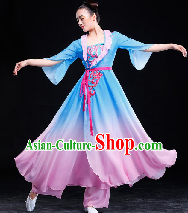 Traditional Chinese Classical Yangge Dance Embroidered Costume, China Yangko Dance Blue Dress Clothing for Women