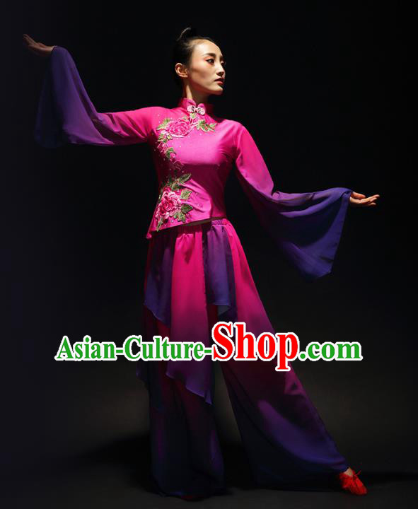 Traditional Chinese Classical Yangge Umbrella Dance Costume, China Yangko Fan Dance Rosy Clothing for Women