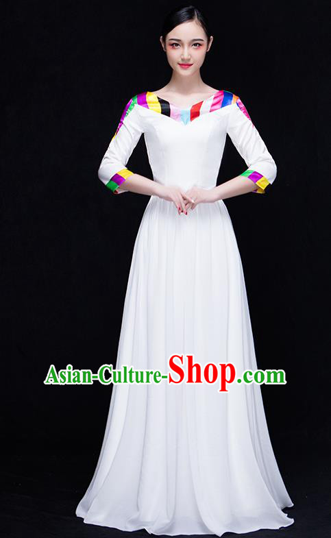 Traditional Chinese Modern Dance Costume, Opening Dance Chorus Singing Group White Dress for Women