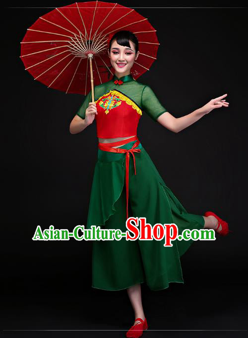 Traditional Chinese Classical Dance Fan Dance Green Costume, China Folk Dance Yangko Clothing for Women