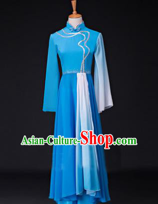 Traditional Chinese Classical Lotus Dance Costume, China Yangko Dance Blue Clothing for Women