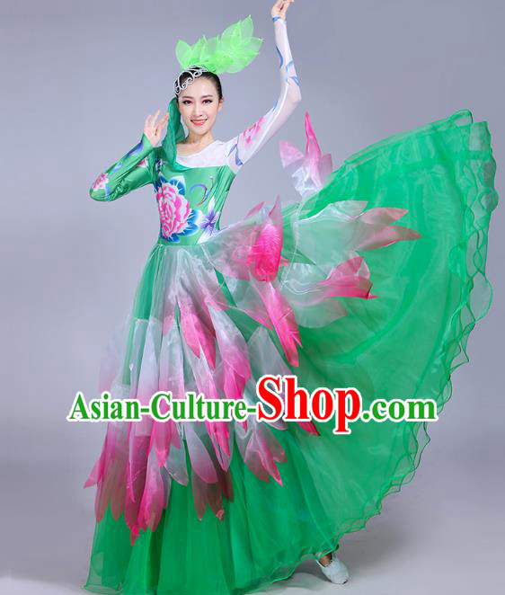 Traditional Chinese Modern Dance Opening Dance Flowers Green Dress Clothing, China Folk Dance Lotus Dance Costume for Women