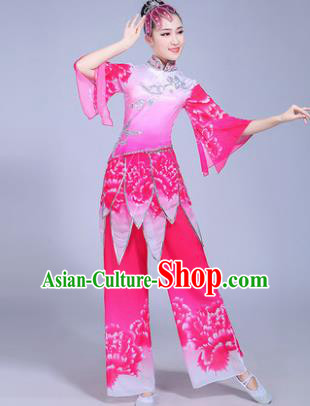 Traditional Chinese Classical Umbrella Dance Costume, China Yangko Folk Dance Pink Clothing for Women