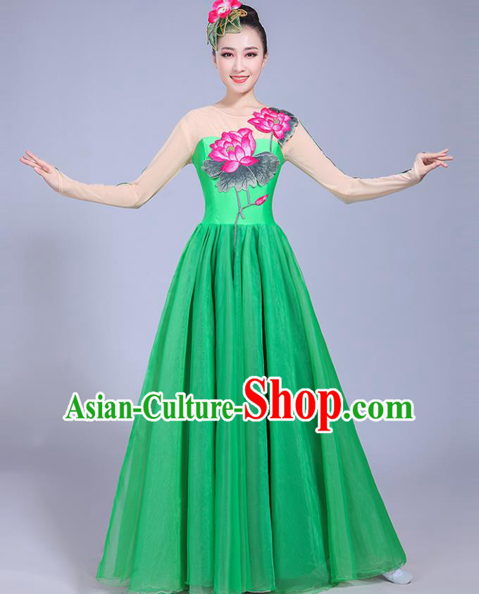 Traditional Chinese Classical Lotus Dance Embroidered Costume, China Yangko Folk Dance Green Dress Clothing for Women