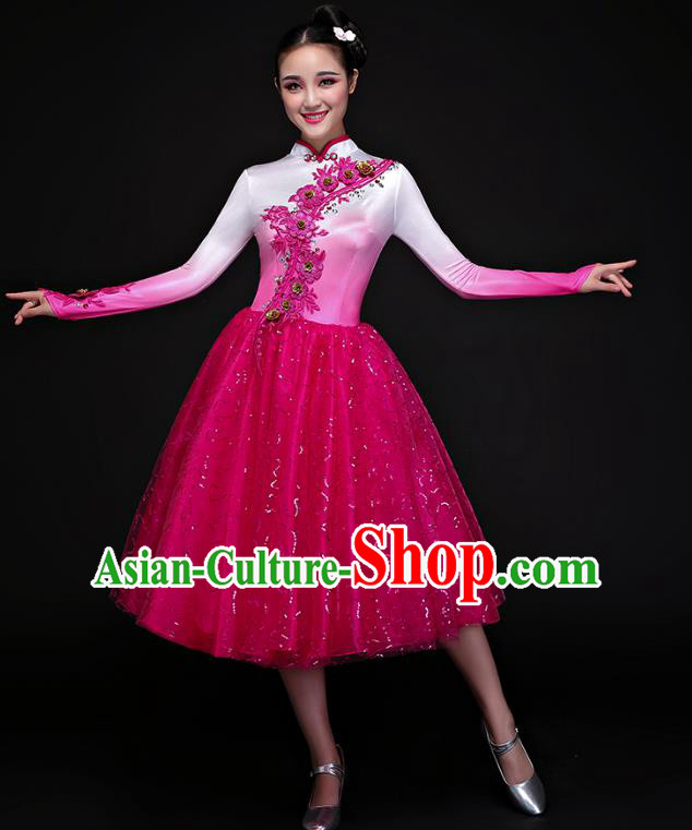 Traditional Chinese Modern Dance Fan Dance Costume, Opening Dance Chorus Bubble Dress Clothing for Women