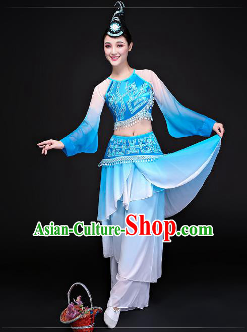 Traditional Chinese Classical Dance Umbrella Dance Blue Uniforms, China Folk Dance Yangko Clothing for Women