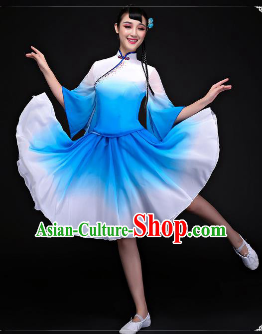 Traditional Chinese Classical Dance Fan Dance Costume, China Yangko Folk Dance Blue Dress Clothing for Women