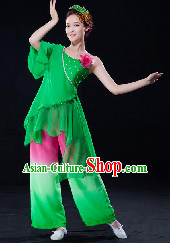 Traditional Chinese Classical Yangge Fan Dance Green Costume, China Yangko Folk Dance Clothing for Women