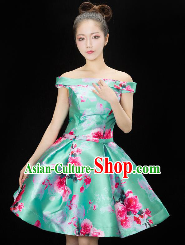 Traditional Chinese Modern Dance Costume, Opening Dance Chorus Green Bubble Dress Clothing for Women